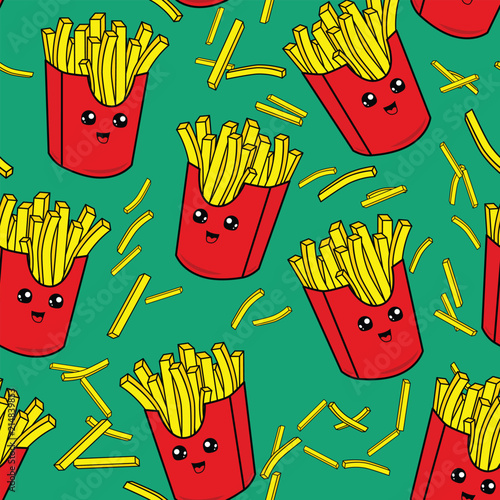 Cute kids french fries pattern for girls and boys. Colorful french fries on the abstract grunge background create a fun cartoon drawing.The pattern is made in neon colors. Urban french fries pattern