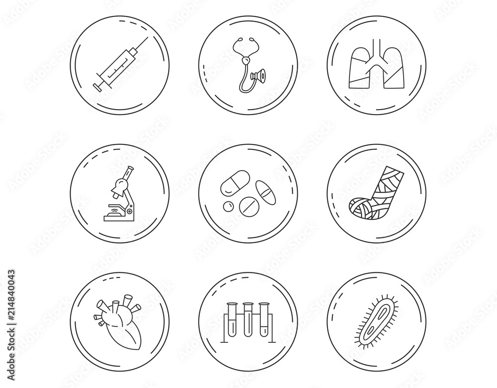 Broken foot, lungs and syringe icons.