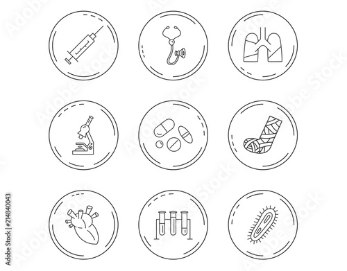 Broken foot, lungs and syringe icons.