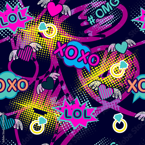 Abstract seamless sport pattern for girl and boy. Creative colorful sport wallpaper with Pop art comics speech bubbles, clouds,words. Grunge urban background for textile, fashion, sport clothes.
