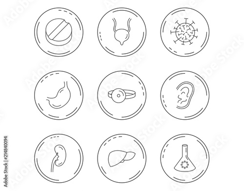 Virus, tablet and stomach organ icons.