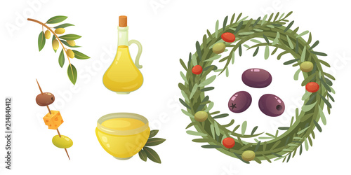 Set olives fruit. Olive oil bottle, tree branch, and rosemary wreath vector illustration in cartoon style.