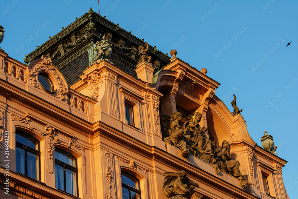 Evening building facade. Prague's architecture.
