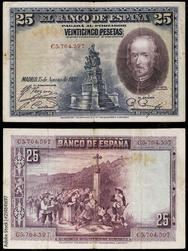Billete de 25 pesetas. Año 1928. Calderón de la Barca. Aislado sobre fondo negro.