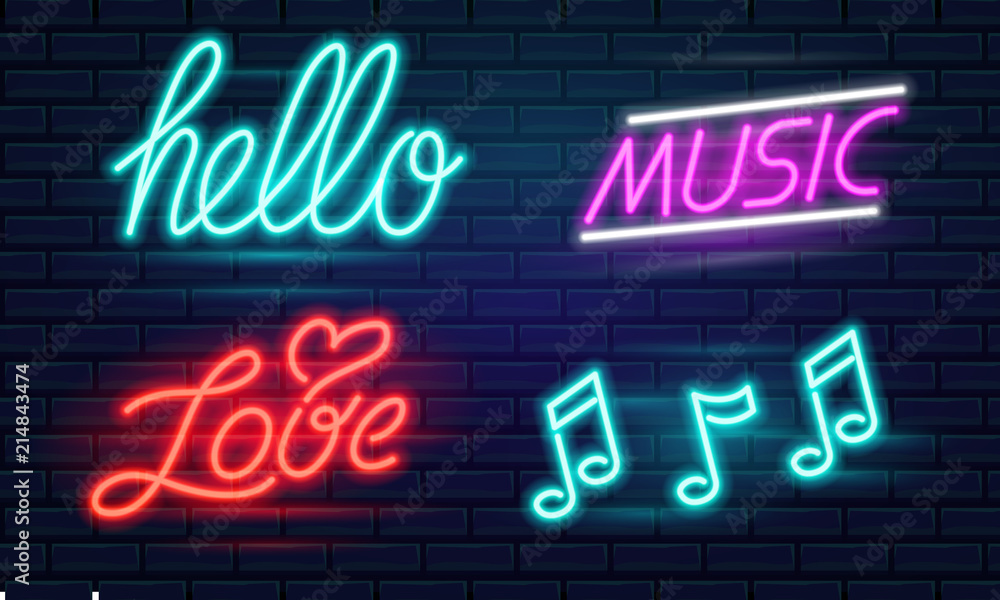 Set of fashion neon sign. Night bright signboard, Glowing light banner. Summer logo, emblem. Club or bar on dark background. Editable vector. Hello Love Music