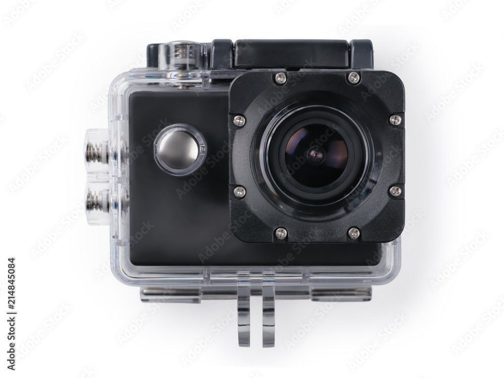 Action camera in water box isolated