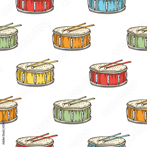 Seamless Pattern. Color Drum with Drumsticks