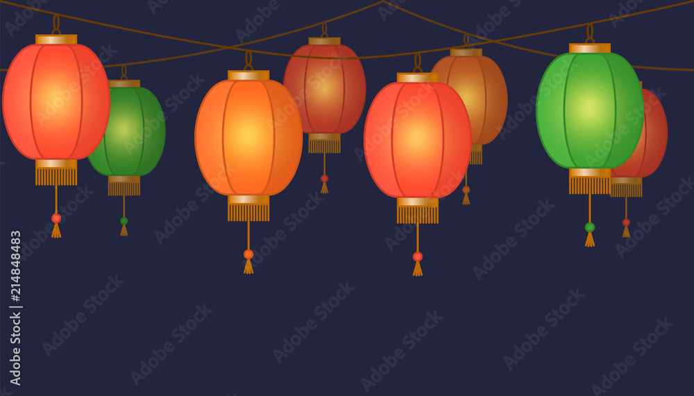 Φωτογραφία Chinese lantern garland, colorful asian traditional paper lamps chain on dark ba