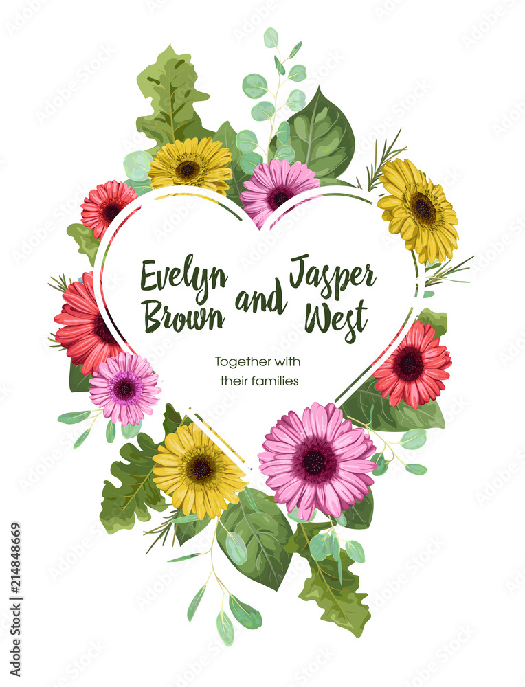 Beautiful romantic card, template, valentine, wedding invitation. Flower frame heart with colored gerbera and eucalyptus leaves isolated on white. Cute vector