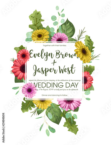 Floral template, wedding invitation, postcard, label, flyer, save date. A square frame with bouquets of flowers of colored gerberas and eucalyptus leaves isolated on white background. Vector