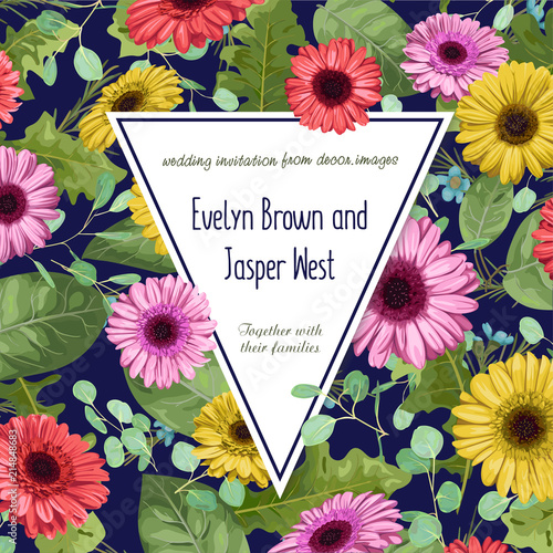 Festive vector watercolor colored gerberas, wax flowers and eucalyptus branches with a triangular frame. For wedding invitations, postcards, labels, advertisements, mother's day