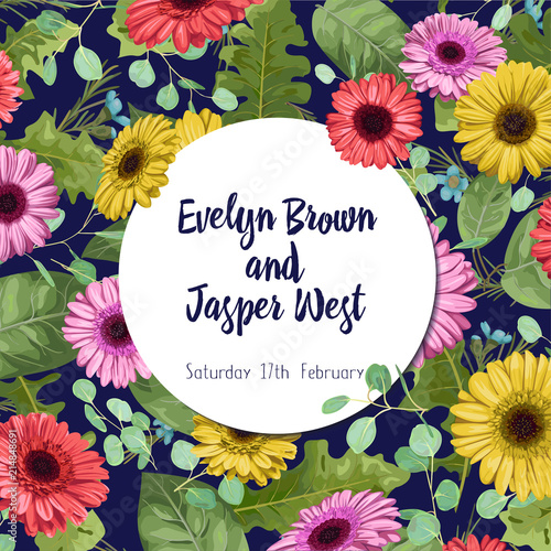 Summer vector watercolor colored gerberas, wax flowers and eucalyptus branches with a round frame. For wedding invitations, banners, postcards, labels