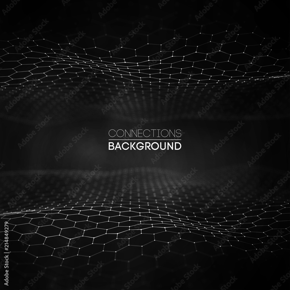 Network connection concept black background vector illustration. Futuristic hexagon perspective wide angle lanscape. Futuristic honeycomb concept. 3d landscape. Big data digital background. Network connection concept black background vector illustration. Futuristic hexagon perspective wide angle lanscape. Futuristic honeycomb concept. 3d landscape. Big data digital background.