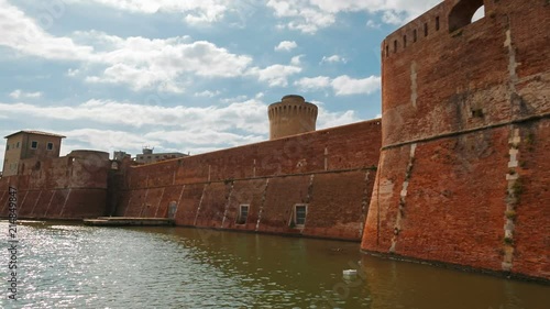 POV journey through the moats of Livorno, Tuscany, Italy featuring the prominent Old Fortress or Fortezza Vecchia. Points of interest include the Old Fortress and Venezia District