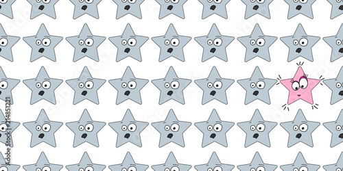 Vector seamless pattern with stars. Emoji design. White background. Scrapbook paper, wrapping paper. Cartoon print.