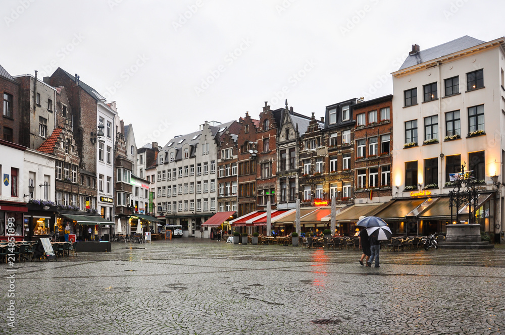 A square in Antwerp on rainy day, Belgium, Europe
