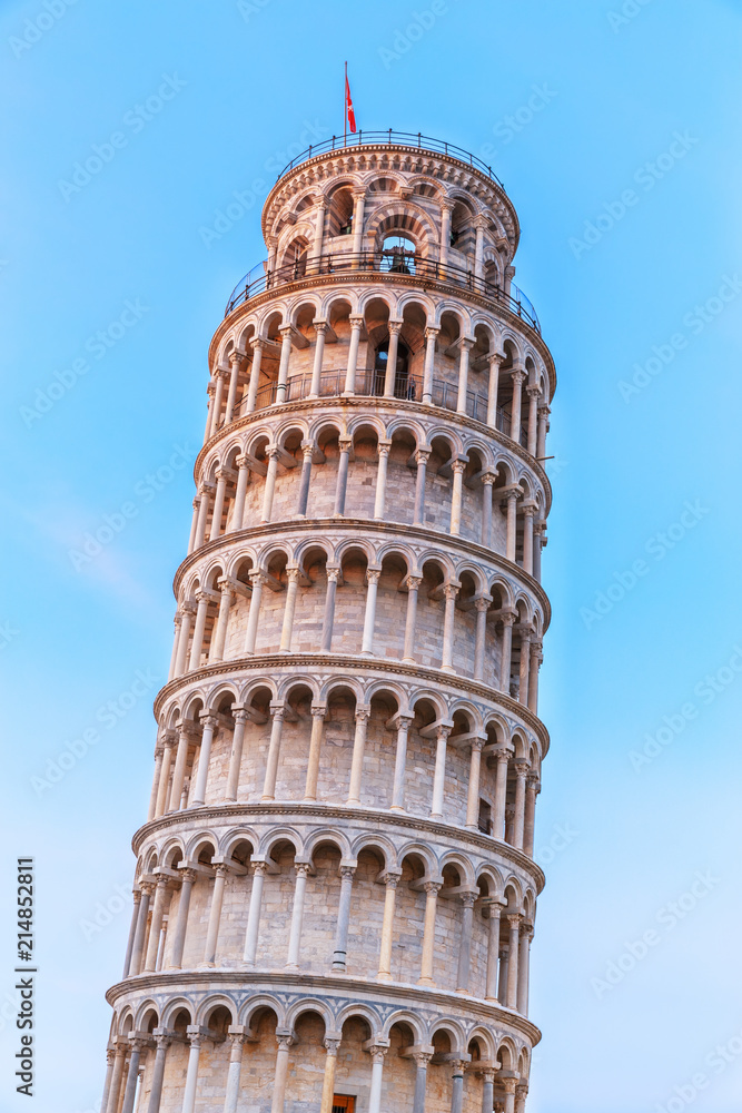 Incredible Leaning Tower of Pisa in Italy. Iconic landmark, famous place and popular travel destination in Pisa, Italy. UNESCO world heritage site.