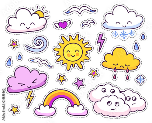 Cute weather forecast. Emotional sun and clouds. Vector set.