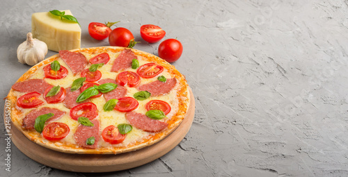 Food ingredients and spices for cooking mazarella cheese, cherry tomatoes, garlic, basil and delicious Italian pizza on a gray concrete background. Copyspace. View from above. banner photo