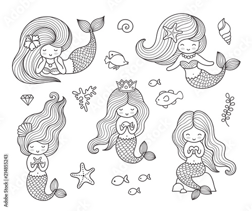 Beautiful little mermaids. Set of hand drawn vector illustrations for coloring book, isolated on a white background. photo