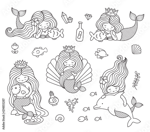 Beautiful little mermaids. Set of hand drawn vector illustrations for coloring book, isolated on a white background.