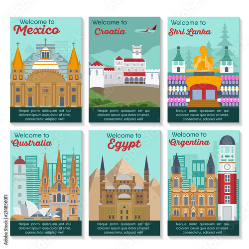 Set of different cities for travel. Landscape template flyer. Landmarks banner in vector. Travel destinations cards. Mexico, Croatia, Shri Lanka, Australia, Egypt, Argentina