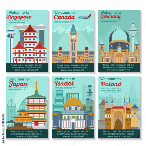 Set of different cities for travel. Landscape template flyer. Landmarks banner in vector. Travel destinations cards. Singapore, Canada, Germany, Japan, Israel, Poland.
