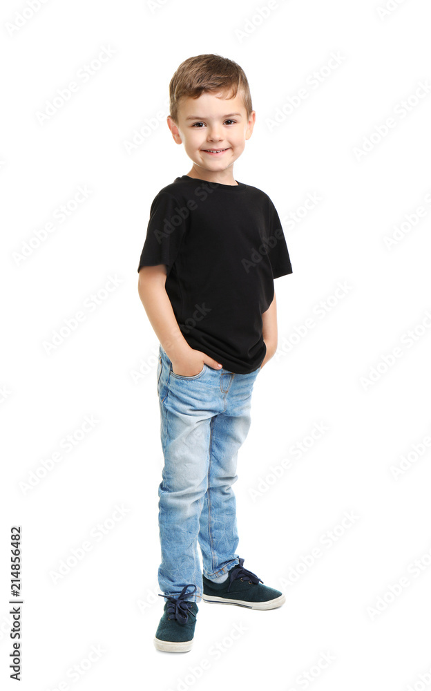 Little boy in t-shirt on white background. Mockup for design Little boy in t-shirt on white background. Mockup for design