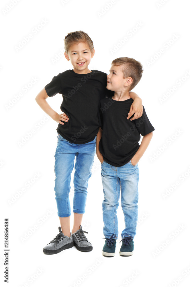 Little kids in t-shirts on white background. Mockup for design Little kids in t-shirts on white background. Mockup for design