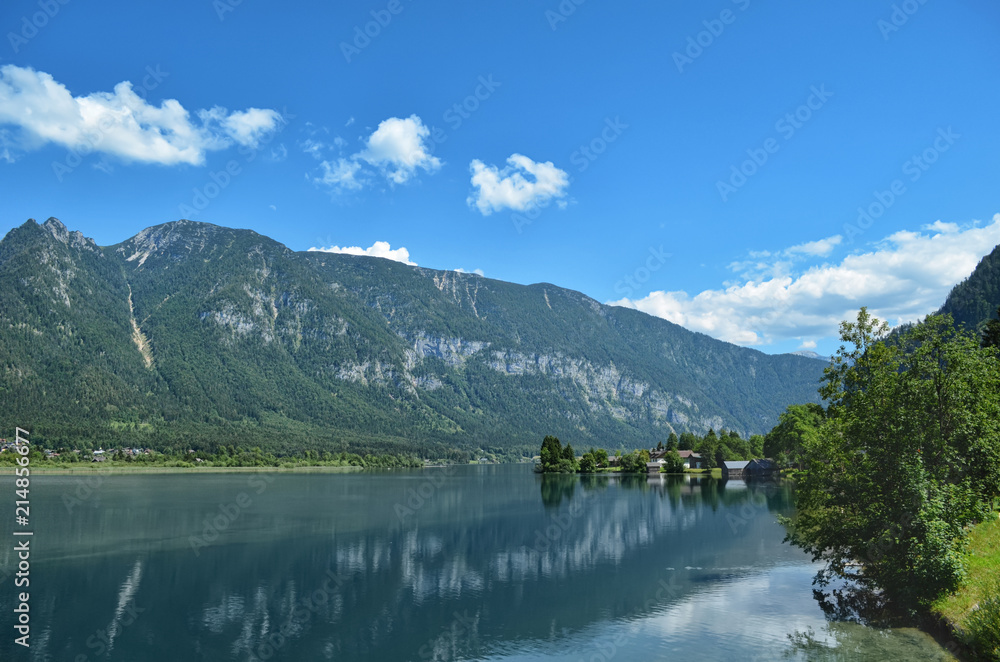 Beautiful landscape with mountains and river on sunny day