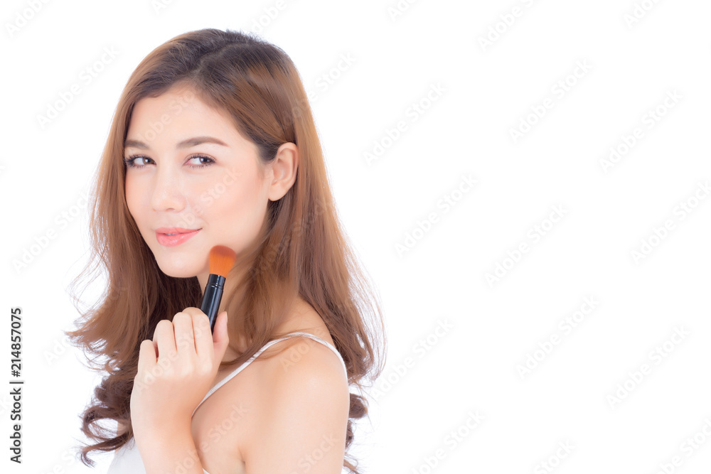 Beauty of portrait asian woman applying make up with brush of cheek isolated on white background, beautiful of girl holding blusher, skincare and cosmetic concept. Beauty of portrait asian woman applying make up with brush of cheek isolated on white background, beautiful of girl holding blusher, skincare and cosmetic concept.