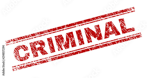 CRIMINAL seal imprint with grunge texture. Red vector rubber print of CRIMINAL label with grunge texture. Text tag is placed between double parallel lines.