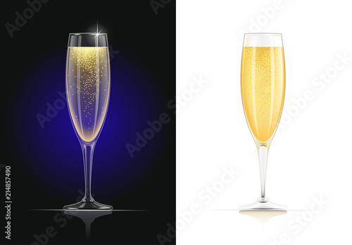Champagne glass. Wines glassware in dark and white background.