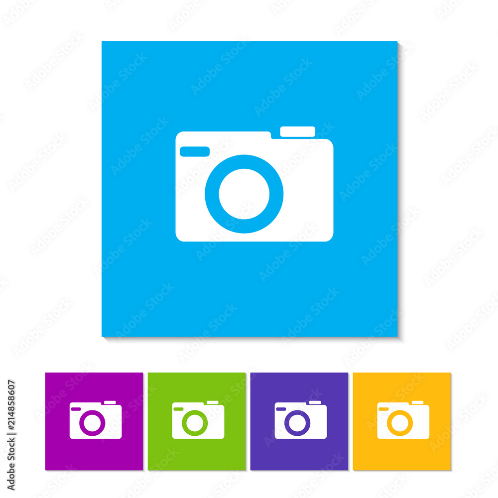 Photo or camera icon. Orange, purple, magenta, violet, yellow, green and blue color buttons Photo or camera icon. Orange, purple, magenta, violet, yellow, green and blue color buttons