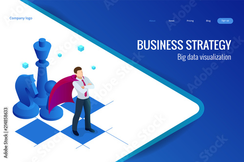 Isometric businessman standing on chess board. Strategy, management, leadership concept. Business strategy.