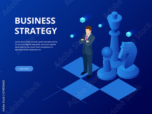 Isometric businessman standing on chess board. Strategy, management, leadership concept. Business strategy.