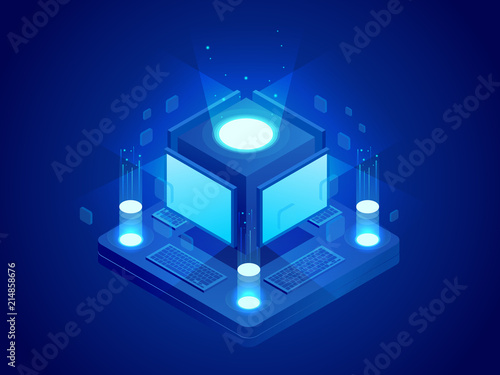 Isometric concept of artificial intelligence controls computers or internet, digital network. Chatbot, video broadcast, stories, SMM promotion, online analytics. Technology web virtual background