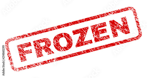 FROZEN stamp seal print with scratced style. Red vector rubber print of FROZEN label with dust texture. Text label is placed inside rounded rectangle frame.