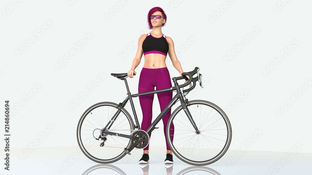 Girl with a bicycle, athletic woman in sports outfit standing next to a bike on white background, 3D rendering Girl with a bicycle, athletic woman in sports outfit standing next to a bike on white background, 3D rendering