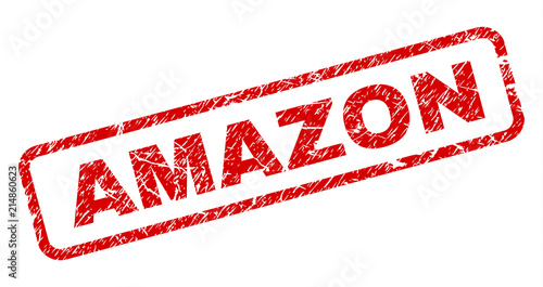 AMAZON stamp seal print with grunge style. Red vector rubber print of AMAZON title with grunge texture. Text label is placed inside rounded rectangle frame.