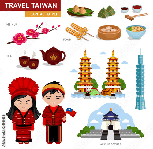 Travel in Taiwan. A collection of colorful illustrations for the guidebook.Taiwanese in national costumes. Man and woman in traditional dress. Set of cultural symbols.Architecture, cuisine.