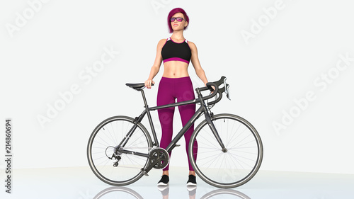 Girl with a bicycle, athletic woman in sports outfit standing next to a bike on white background, 3D rendering