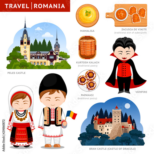 Travel to Romania. Set of traditional cultural symbols, cuisine, architecture, attractions. Collection of colorful vector flat illustrations for the guidebook. Romanians in national clothes.