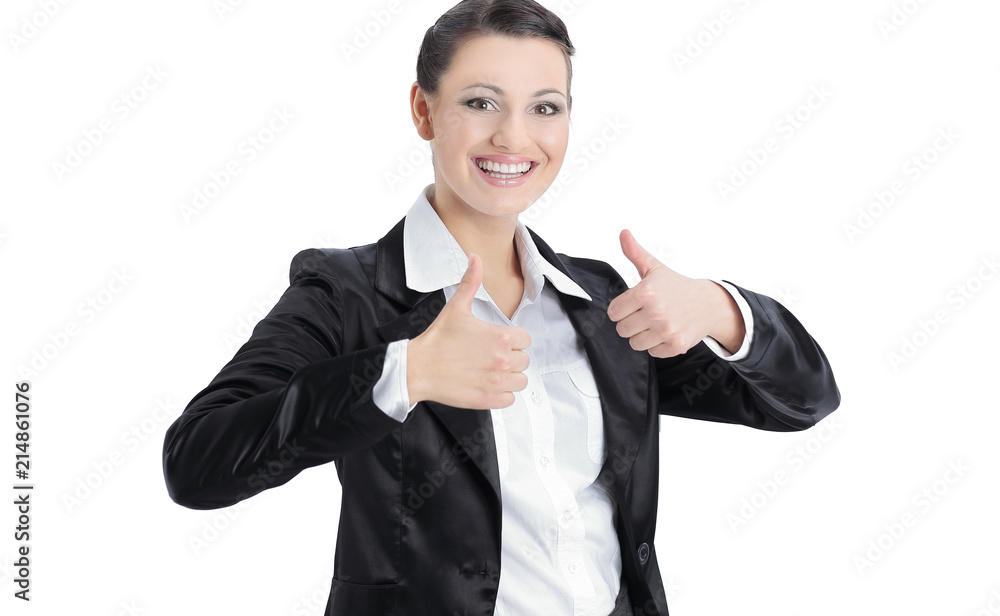 smiling business woman showing thumbs up.isolated on a white smiling business woman showing thumbs up.isolated on a white