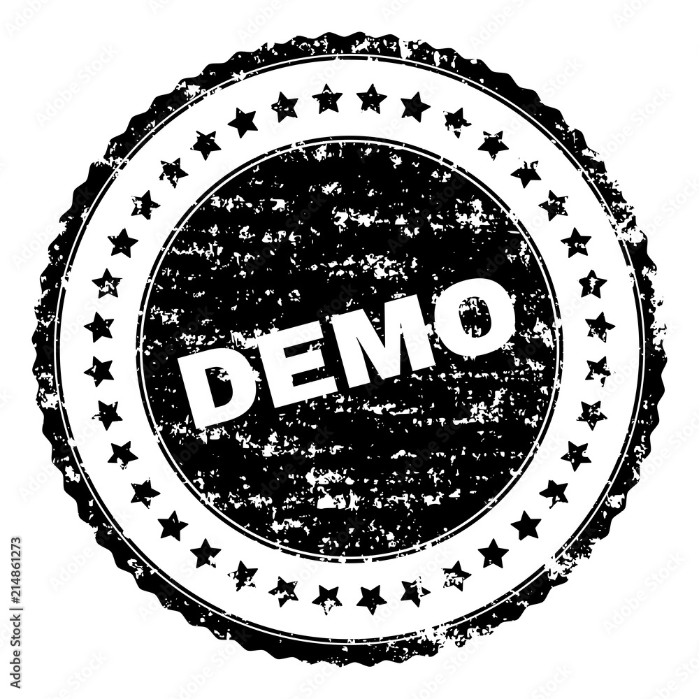 DEMO seal imprint with distress texture. Black vector rubber print of