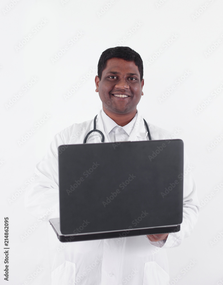 closeup.therapist working on the laptop.isolated on white closeup.therapist working on the laptop.isolated on white