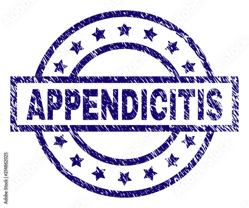APPENDICITIS seal print with grunge texture. Designed with rectangle, circles and stars. Blue vector rubber print of APPENDICITIS text with grunge texture.