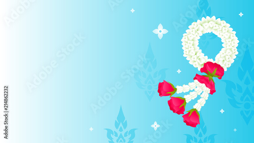 Thai Mother's day background vector illustration. Thai jasmine flower garland on blue background.