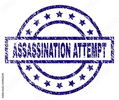 ASSASSINATION ATTEMPT seal stamp with dirty texture. Designed with rectangle, circles and stars. Blue vector rubber print of ASSASSINATION ATTEMPT label with dirty texture.