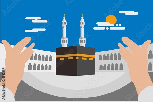 kaaba and hands are praying with flat style for Islamic background.